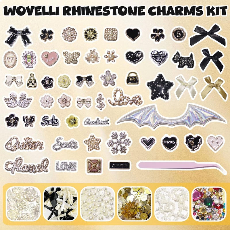 Wovelli 2430 PCS Junk Phone Case Making Kit: Black Gold Charms Resin Flatback Pearls Rhinestone Letters for Y2K Phone Case,Nail Bling Charm, Decorating Kit for Girls Adults - Image 2